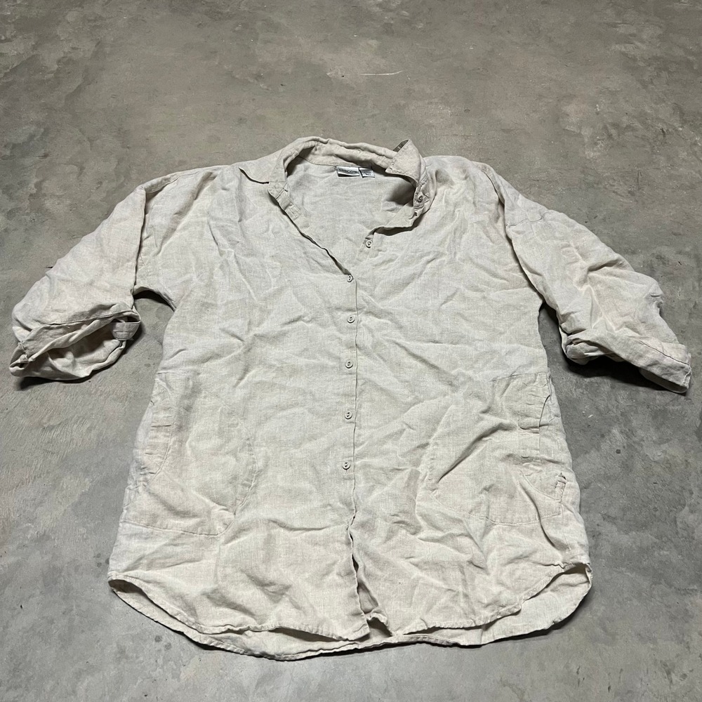 Chicos 100% Linen Button Up Tunic Shirt Beige Size 3 XL Long Sleeve Pocketed Top